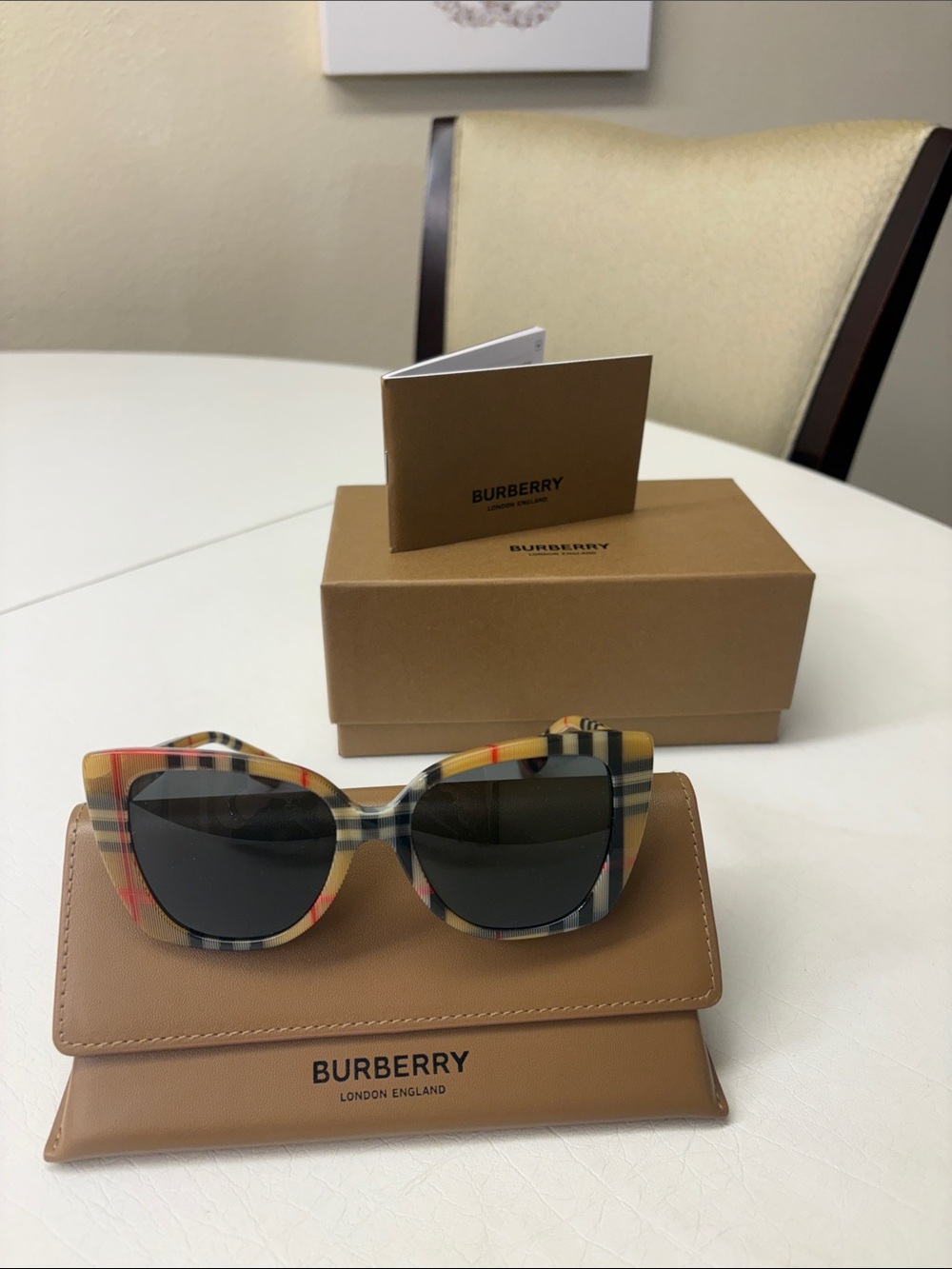 Burberry Beige Plaid Cat-Eye Sunglasses with Black Lenses -never worn no scratch